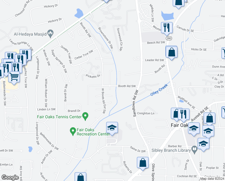 map of restaurants, bars, coffee shops, grocery stores, and more near 348 East Post Oak Crossing Southwest in Marietta