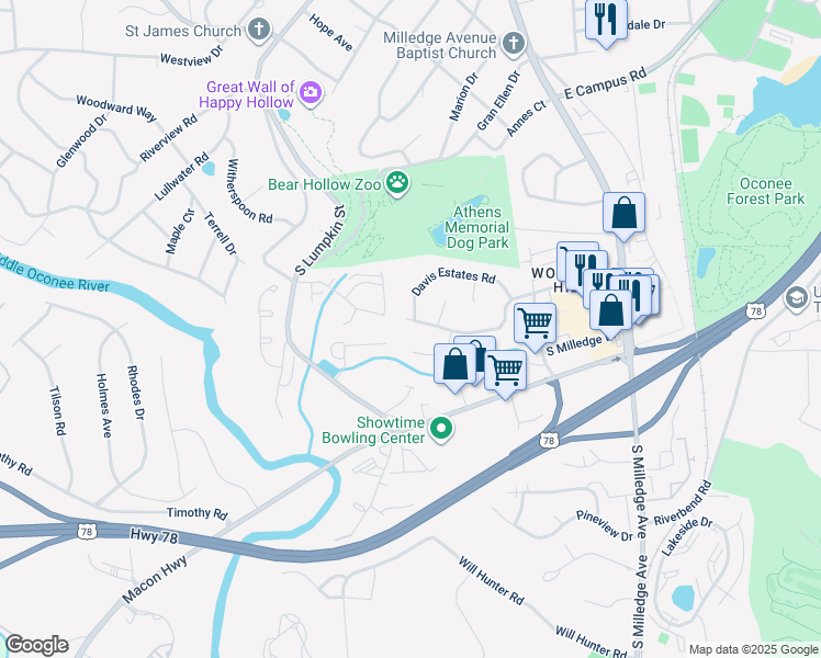 map of restaurants, bars, coffee shops, grocery stores, and more near 325 Davis Street in Athens