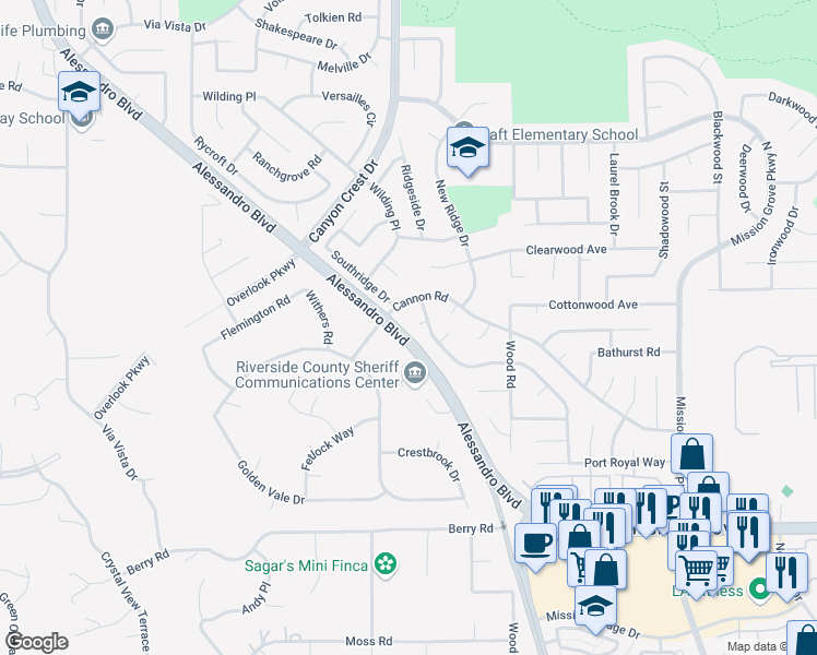 map of restaurants, bars, coffee shops, grocery stores, and more near 1092 Sunlight Circle in Riverside