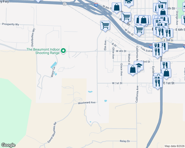 map of restaurants, bars, coffee shops, grocery stores, and more near 2 Veile Avenue in Beaumont