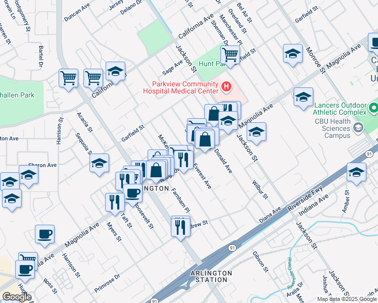 map of restaurants, bars, coffee shops, grocery stores, and more near 9295 Magnolia Avenue in Riverside
