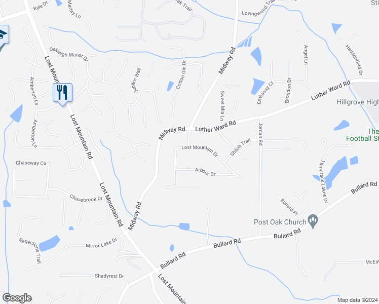 map of restaurants, bars, coffee shops, grocery stores, and more near 4561 Lost Mountain Drive in Powder Springs