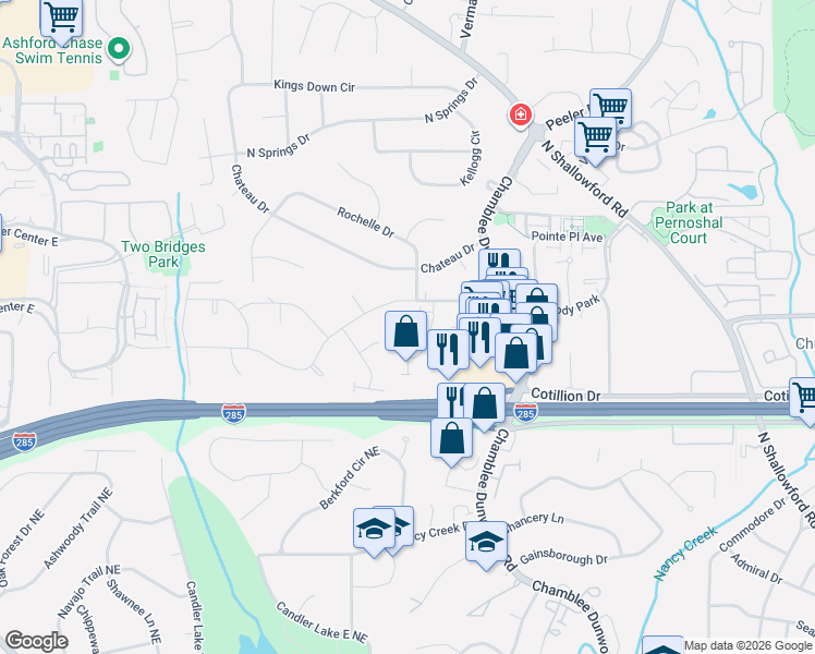 map of restaurants, bars, coffee shops, grocery stores, and more near 1664 Bethesda Court in Dunwoody