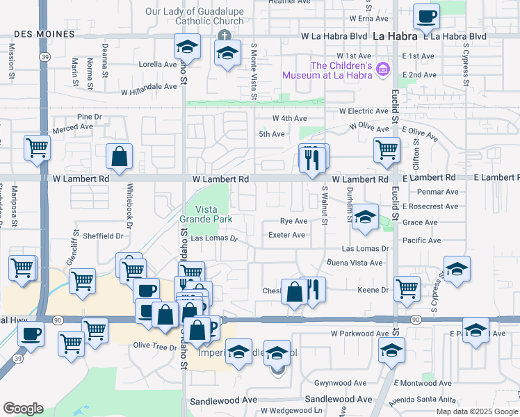 map of restaurants, bars, coffee shops, grocery stores, and more near 834 West Lambert Road in La Habra
