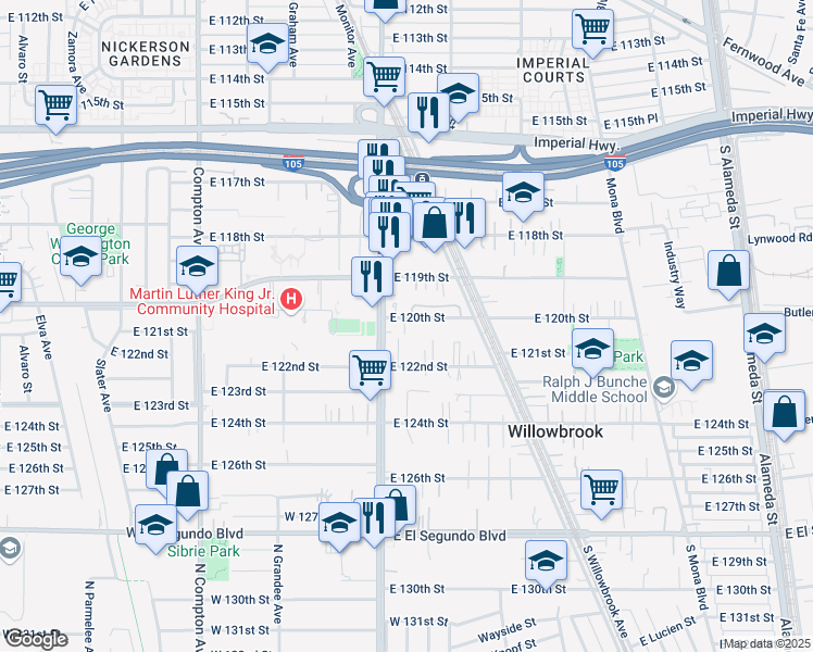 map of restaurants, bars, coffee shops, grocery stores, and more near 1928 East 120th Street in Los Angeles