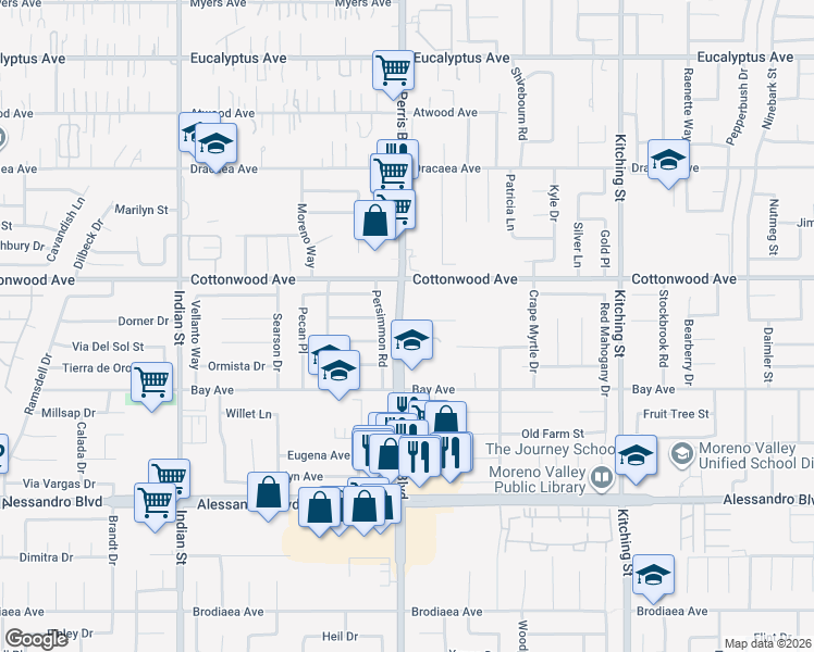 map of restaurants, bars, coffee shops, grocery stores, and more near 13652 Persimmon Road in Moreno Valley
