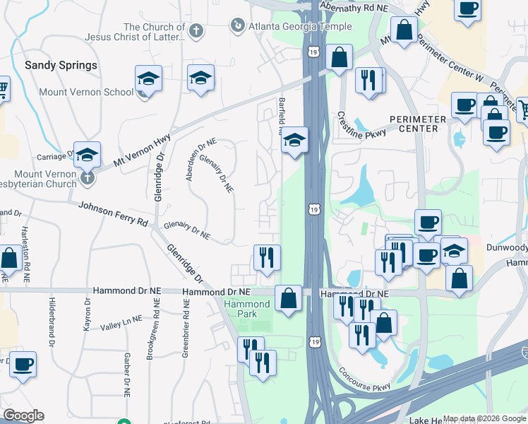 map of restaurants, bars, coffee shops, grocery stores, and more near 258 The South Chace Northeast in Atlanta