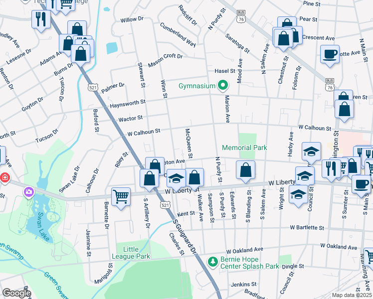 map of restaurants, bars, coffee shops, grocery stores, and more near 112 McQueen Street in Sumter