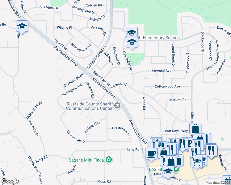 map of restaurants, bars, coffee shops, grocery stores, and more near 1092 Sunlight Circle in Riverside