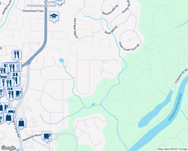 map of restaurants, bars, coffee shops, grocery stores, and more near 1348 Timberland Drive in Marietta