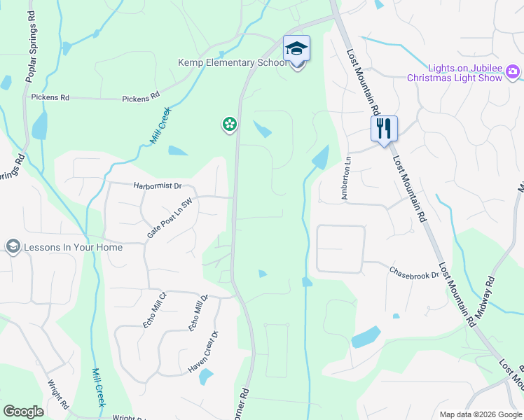 map of restaurants, bars, coffee shops, grocery stores, and more near 5239 Hayden Farms Drive in Powder Springs