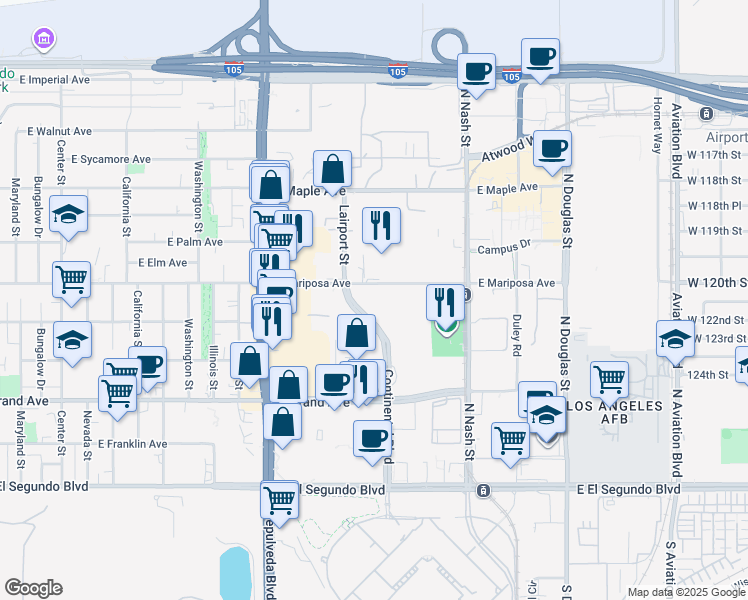 map of restaurants, bars, coffee shops, grocery stores, and more near 2000 East Mariposa Avenue in El Segundo