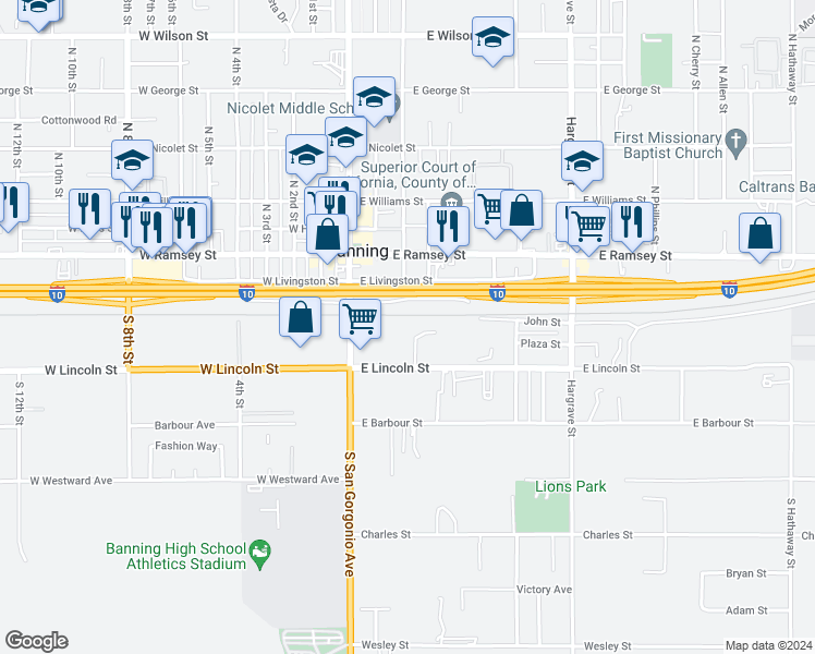 map of restaurants, bars, coffee shops, grocery stores, and more near 200 John Street in Banning