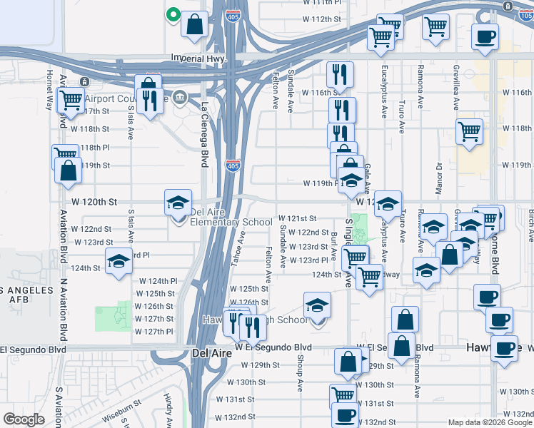 map of restaurants, bars, coffee shops, grocery stores, and more near 12109 Felton Avenue in Hawthorne