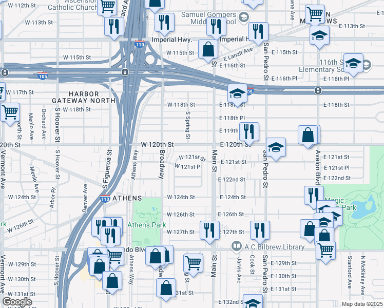 map of restaurants, bars, coffee shops, grocery stores, and more near 157 West 121st Street in Los Angeles