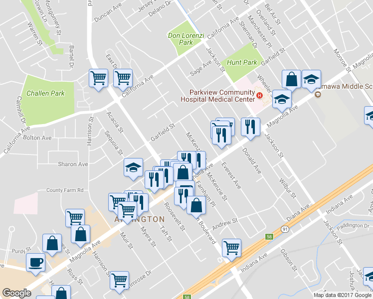 map of restaurants, bars, coffee shops, grocery stores, and more near 3895 Castleman Street in Riverside