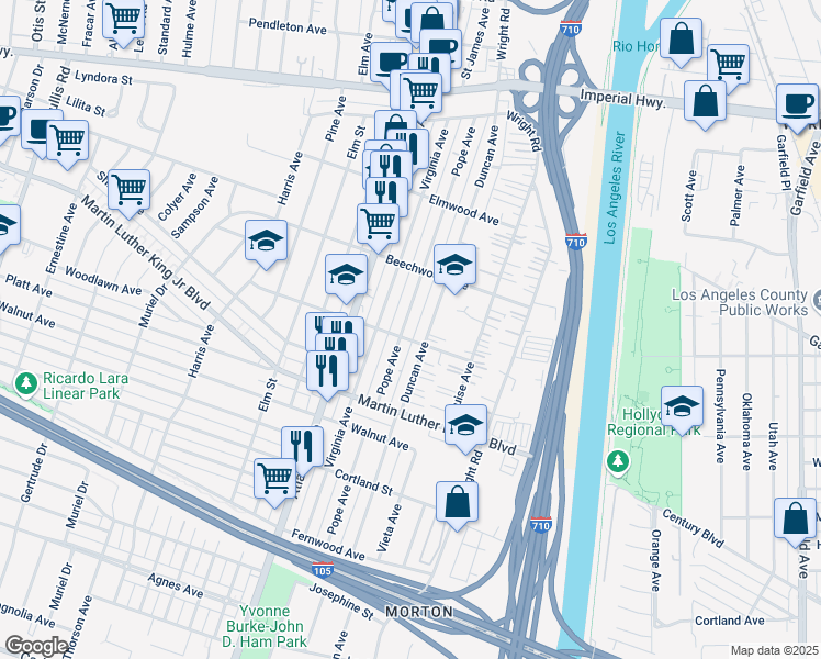 map of restaurants, bars, coffee shops, grocery stores, and more near 11313 Pope Avenue in Lynwood
