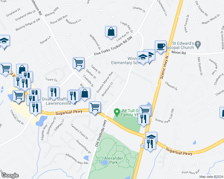 map of restaurants, bars, coffee shops, grocery stores, and more near 3166 Cleftstone Trail in Lawrenceville