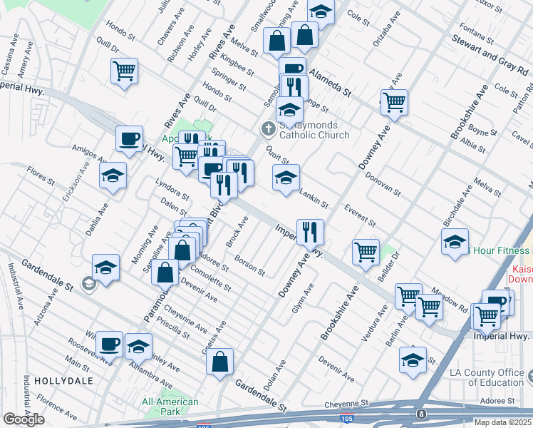 map of restaurants, bars, coffee shops, grocery stores, and more near 8127 Imperial Highway in Downey