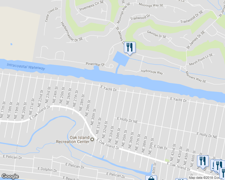map of restaurants, bars, coffee shops, grocery stores, and more near 176 Northeast 32nd Street in Oak Island