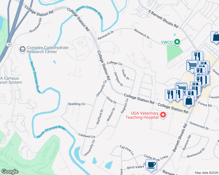 map of restaurants, bars, coffee shops, grocery stores, and more near 1036 College Station Road in Athens