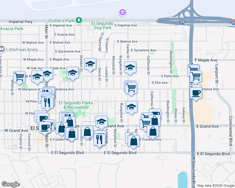 map of restaurants, bars, coffee shops, grocery stores, and more near 513 Maryland Street in El Segundo