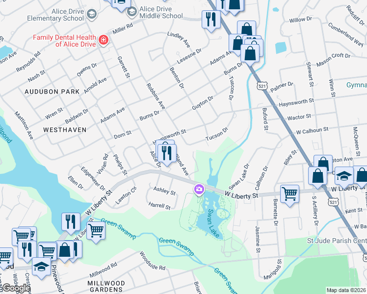 map of restaurants, bars, coffee shops, grocery stores, and more near 1 Tucson Drive in Sumter