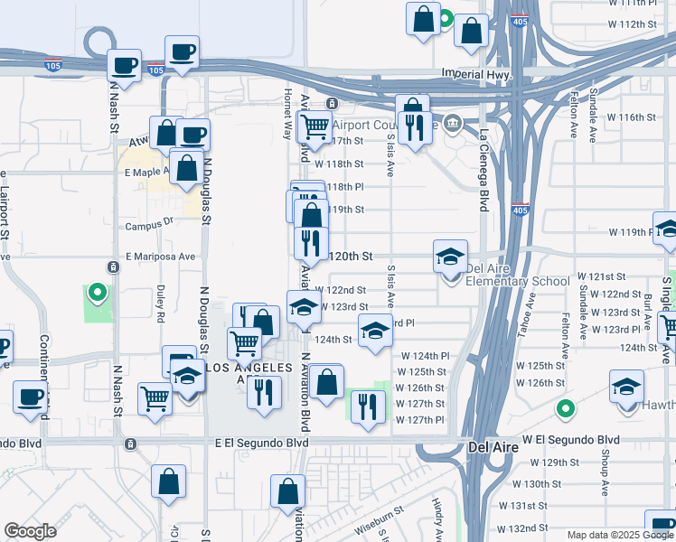 map of restaurants, bars, coffee shops, grocery stores, and more near 5475 West 121st Street in Hawthorne