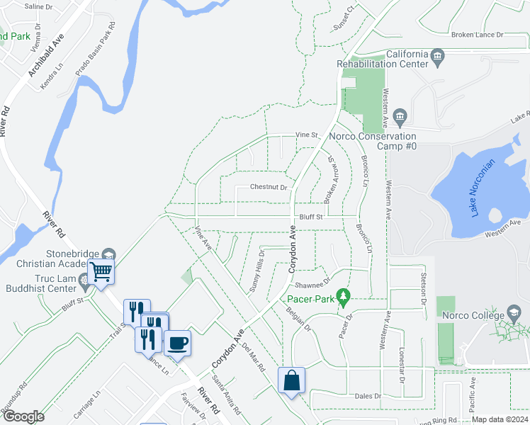 map of restaurants, bars, coffee shops, grocery stores, and more near 3537 Bluff Street in Norco