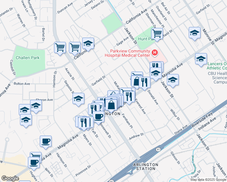 map of restaurants, bars, coffee shops, grocery stores, and more near 3895 Castleman Street in Riverside