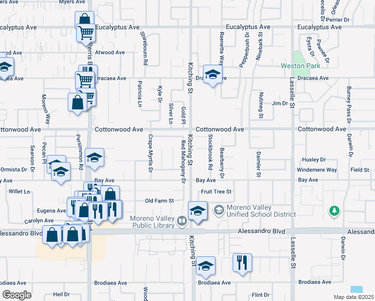 map of restaurants, bars, coffee shops, grocery stores, and more near 13682 Red Mahogany Drive in Moreno Valley