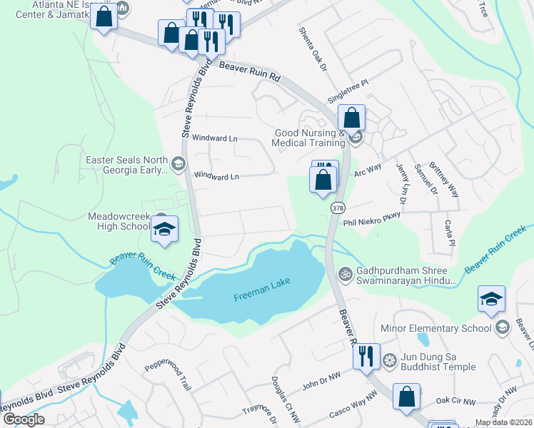 map of restaurants, bars, coffee shops, grocery stores, and more near 4409 Plantation Lane in Norcross
