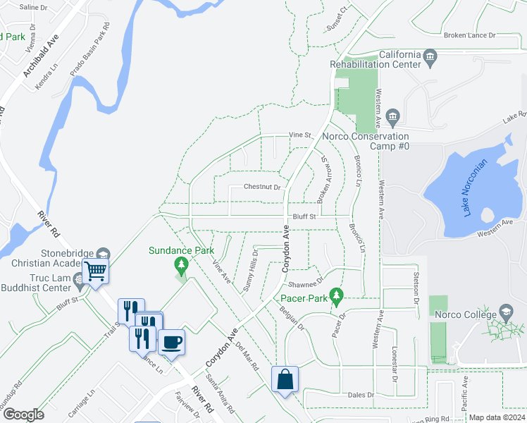 map of restaurants, bars, coffee shops, grocery stores, and more near 3527 Bluff Street in Norco