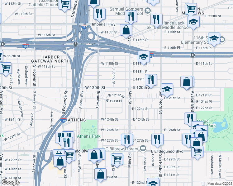 map of restaurants, bars, coffee shops, grocery stores, and more near 157 West 121st Street in Los Angeles