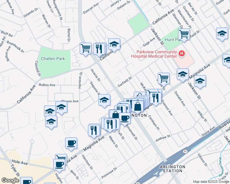 map of restaurants, bars, coffee shops, grocery stores, and more near 3986 Van Buren Boulevard in Riverside