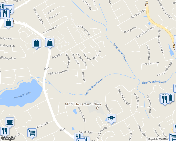 map of restaurants, bars, coffee shops, grocery stores, and more near 4108 Phil Niekro Parkway in Norcross