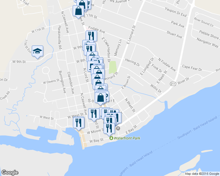 map of restaurants, bars, coffee shops, grocery stores, and more near 120 E Street George Street in Southport