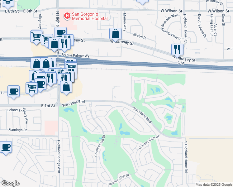 map of restaurants, bars, coffee shops, grocery stores, and more near 5801 Sun Lakes Boulevard in Banning