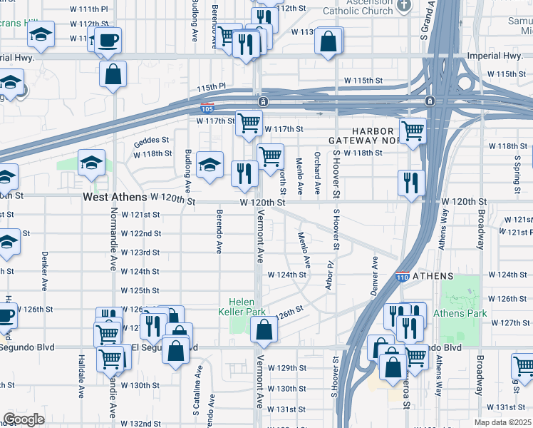 map of restaurants, bars, coffee shops, grocery stores, and more near 12038 Vermont Avenue in Los Angeles