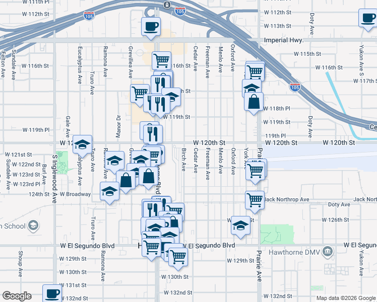 map of restaurants, bars, coffee shops, grocery stores, and more near 12022 Birch Avenue in Hawthorne