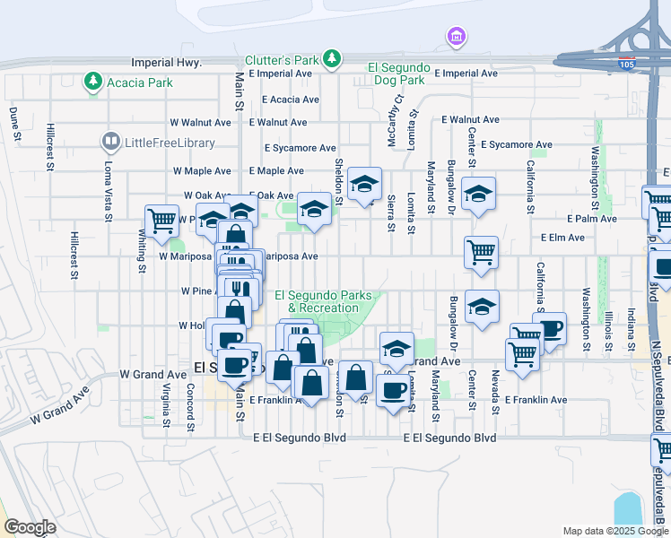 map of restaurants, bars, coffee shops, grocery stores, and more near 505 Sheldon Street in El Segundo