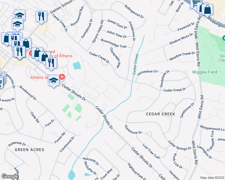 map of restaurants, bars, coffee shops, grocery stores, and more near 111 Oak Park Court in Athens