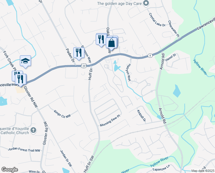 map of restaurants, bars, coffee shops, grocery stores, and more near 221 Irwell Path in Lawrenceville