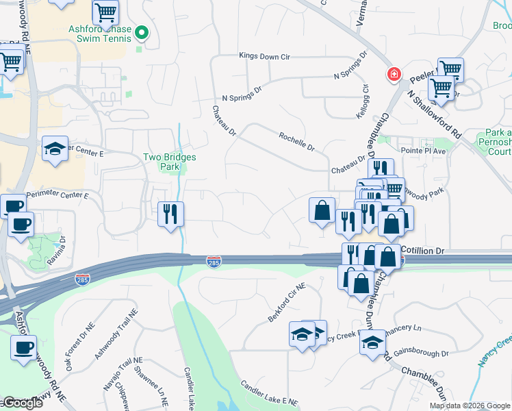 map of restaurants, bars, coffee shops, grocery stores, and more near 1596 Old Spring House Lane in Dunwoody