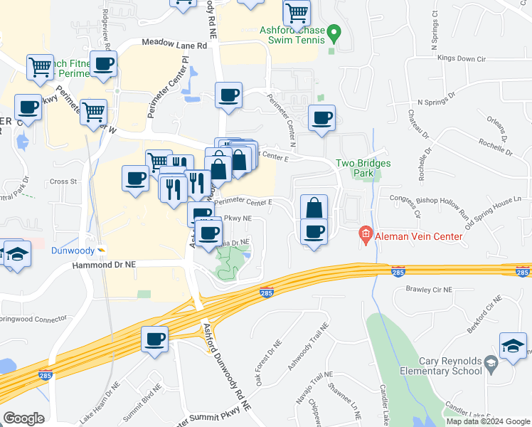 map of restaurants, bars, coffee shops, grocery stores, and more near 3 Ravinia Parkway Northeast in Dunwoody