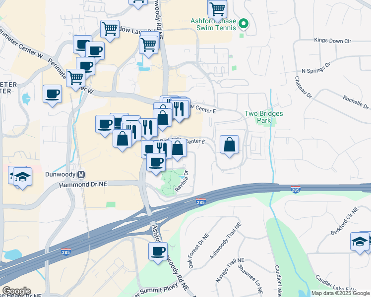 map of restaurants, bars, coffee shops, grocery stores, and more near 2 Ravinia Parkway Northeast in Dunwoody