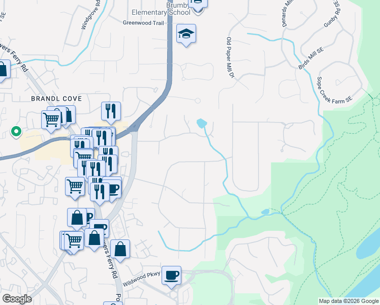 map of restaurants, bars, coffee shops, grocery stores, and more near 3225 Beechwood Drive in Marietta
