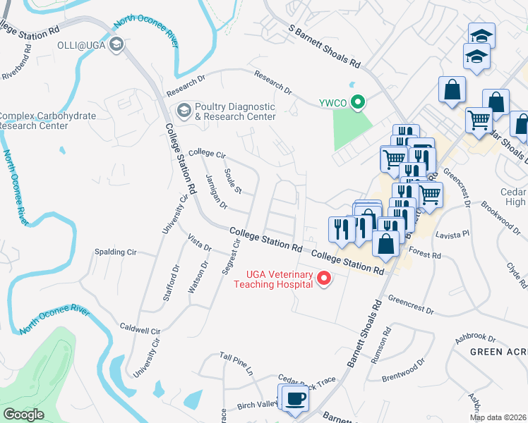 map of restaurants, bars, coffee shops, grocery stores, and more near 105 Mark Twain Circle in Athens