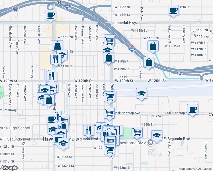 map of restaurants, bars, coffee shops, grocery stores, and more near 12026 York Avenue in Hawthorne