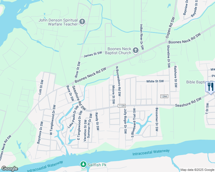 map of restaurants, bars, coffee shops, grocery stores, and more near 2321 Northridge Drive Southwest in Brunswick County